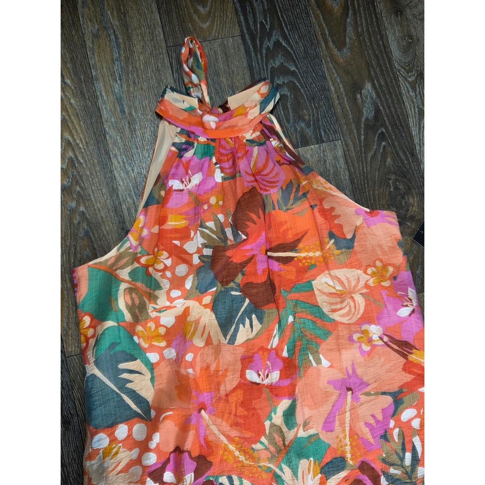 MSK Women Orange Tropical Floral Halter Mini Dress Tiered Ruffle Hem Large NEW - Picture 2 of 5